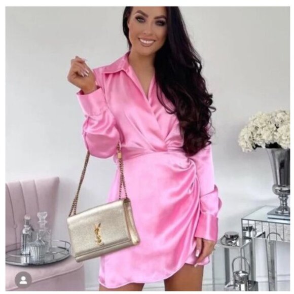 Zara Short Satin Effect Long Sleeve Mini Dress Pink Size Large Blogger Fav - Picture 3 of 11